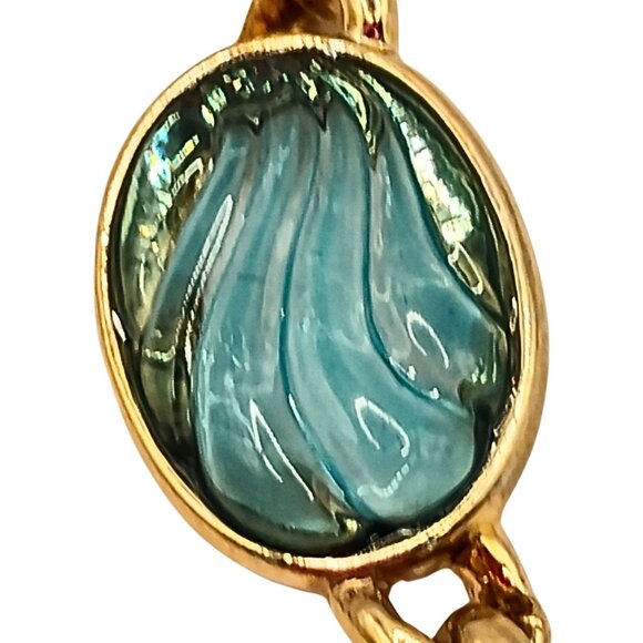 VTG Womens Gold Tone Lucite Chain Necklace Earring Set Textured Elegant Green - Picture 4 of 9